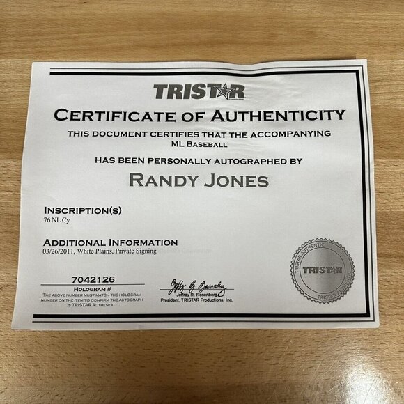 Randy Jones Signed & Inscribed MLB Baseball Tristar 7042126 - Picture 5 of 5
